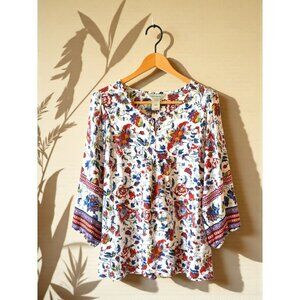 Multiples NWT Floral Peasant Blouse Large Boho Cottagecore Tie Neck Rayon Spice